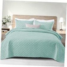 Soft Quilt Set King Size, 3 Pieces Lightweight King 106"x96" Grid Aqua
