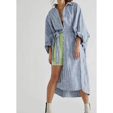Free People Jess Oversized Shirt Dress Striped Blue Travel Vacation Lagenlook XS