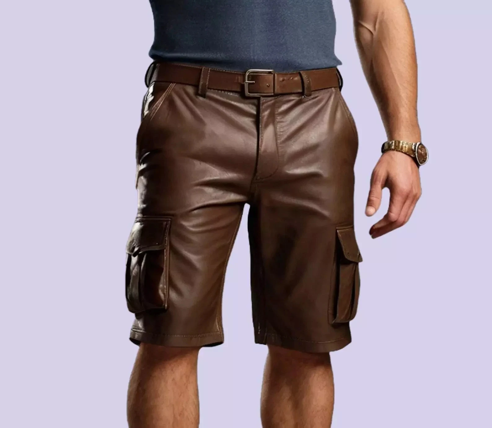 Mens New Genuine Leather Cargo Shorts Brown Men's Trouser Lined Short