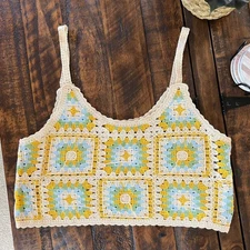 Crochet Crop Top Granny Squares Yellow Blue & White Boho Festival Size Med Large