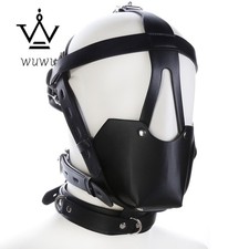 PU Leather Head Hook Harness Mask With Open Mouth Ball Gag Muzzle BDSM