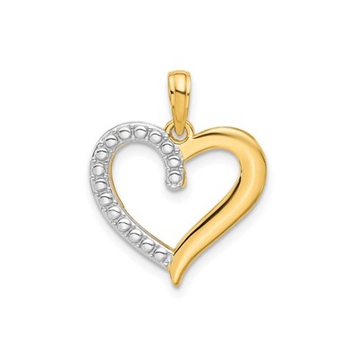 14k Yellow Gold Heart Pendant for Women Textured Rhodium Accent Symbolic Jewelry