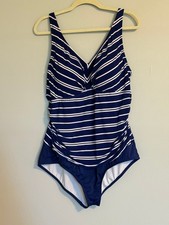 BAL HARBOUR WOMEN'S ONE-PIECE SWIMSUIT. SIZE: 22W BLUE WHITE STRIPED ADJ. STRAPS