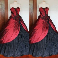 Gothic Wedding Dresses Strapless Black Lace A Line Satin Ruffles Bridal Gowns