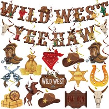 26 Pieces Western Party Decorations West Cowboy Banners Hanging Swirls Wild W...