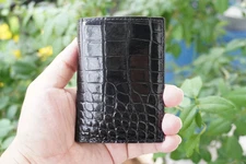 Black Leather Mini Bifold Credit Card Holder Wallet Slim Crocodile Wallet