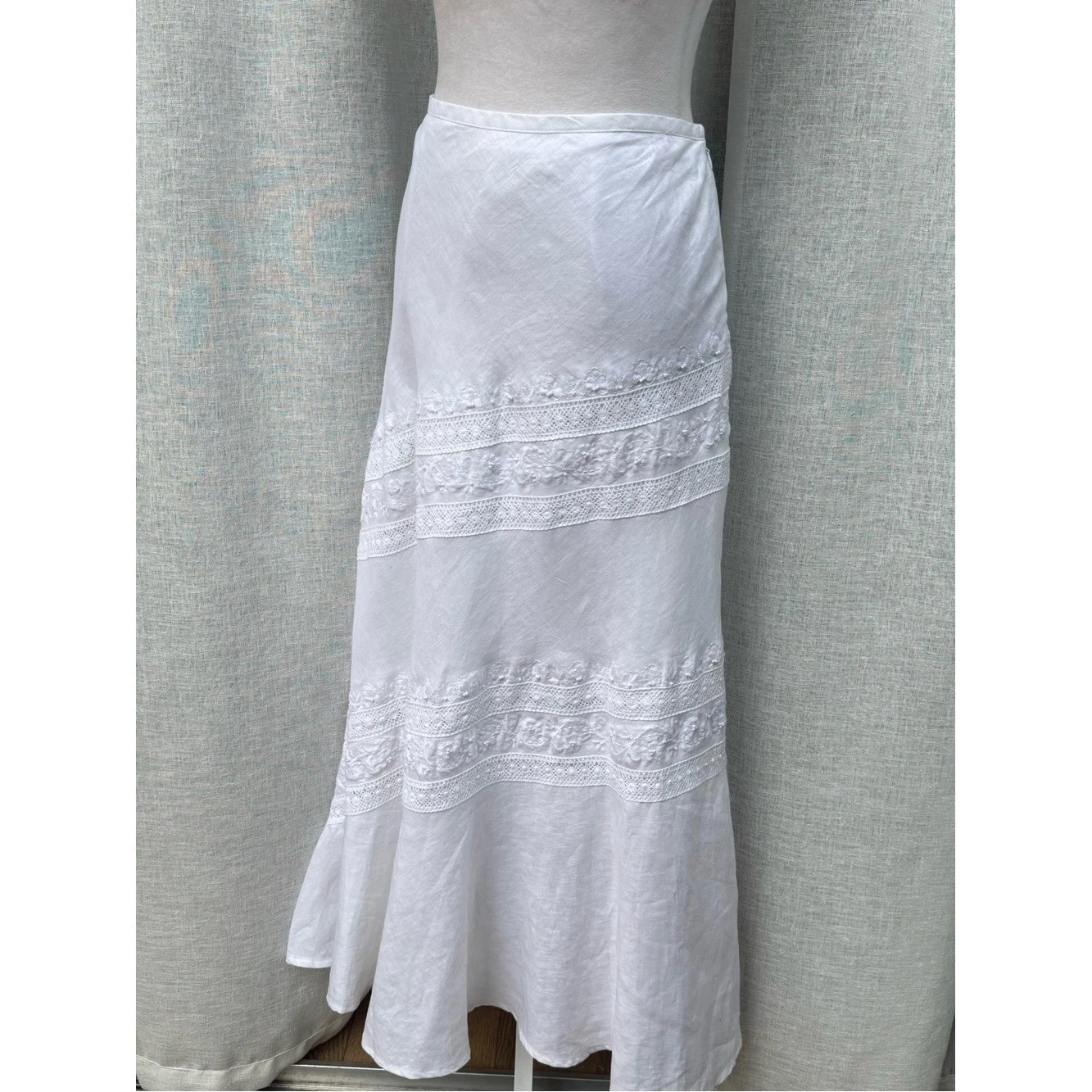 KENAR white maxi embroidered linen skirt
