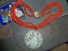 Vintage Chinese Beaded Necklace cameo lady jade pendant orange bead disc silver — photo 5