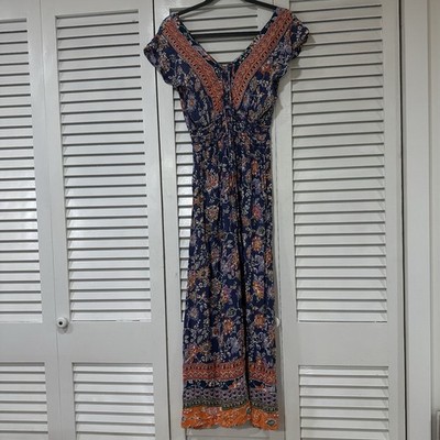 Nostalgia Dress Womens Medium Cream Black Floral Boho Maxi V Neck Twist Front