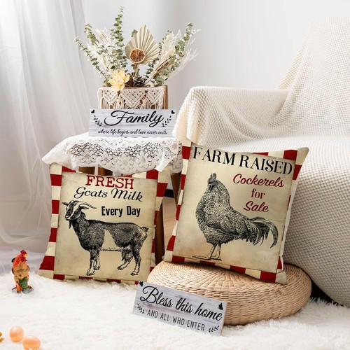 Vintage Farmhouse Animals Pillow Covers Red Buffalo Plaids Farm Fresh - Picture 6 of 7