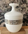 Vintage 1970’s Avon Milk Glass Jar with Lid.  Ribbed Body/Gold Filigree Accent