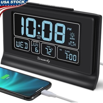 Large Digital Alarm Clock Auto Dimmer Self Setting USB Charging Backup Battery