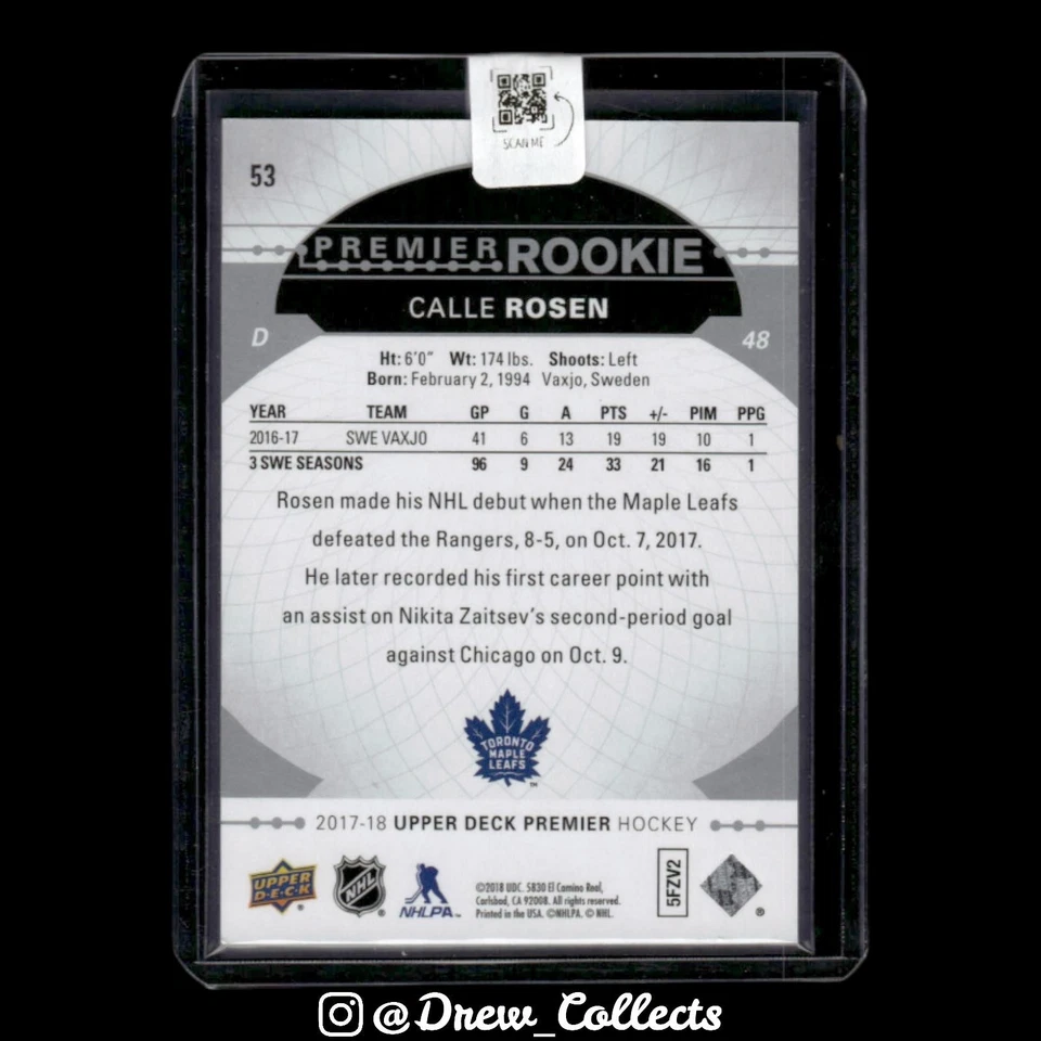 2017-18 Upper Deck Premier #53 Calle Rosen Leafs #/399 - Image 2 of 2