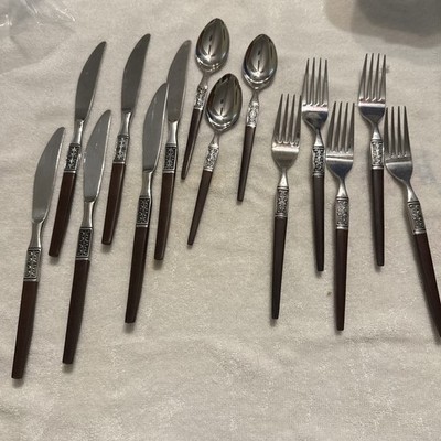 EKCO ETERNA La Joya MCM Flatware Korea Faux Wood Stainless Steel   14 Pc Lot
