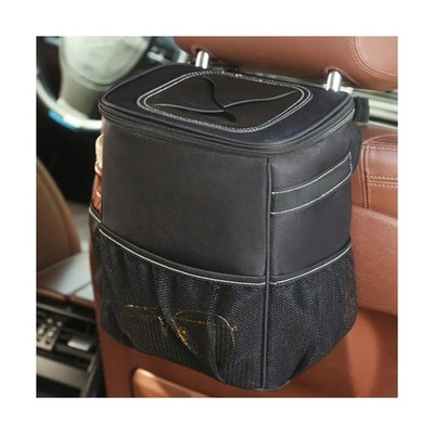 KHGUZ Car Trash Can with Lid and Storage Pockets, Leakproof Waterproof black 