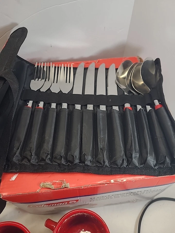 Coleman dinnerware set 4plates, 3cups,3bowls, 4settings of utensils.red - image 2 of 4