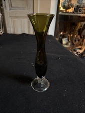 Olive Green Art Glass Bud Vase Etched Flowers Clear Pedestal Base