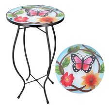Iron/Glass Round Side Coffee Patio Table Mosaic Design Garden Flower Plant Stand
