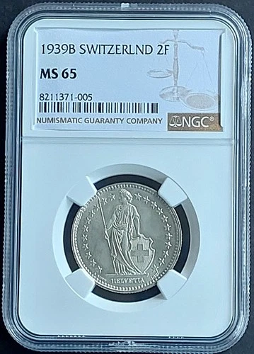 1939 B  Switzerland 2 Francs, NGC MS 65, nice  silver coin        #2002, # 65-12