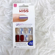 Kiss Press On Nails Dark Red Chrome Silver Glam Fantasy Squoval Medium Length