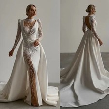 Mermaid Wedding Dress with Detachable Train Beaded Pearls Luxury Long Sleeves