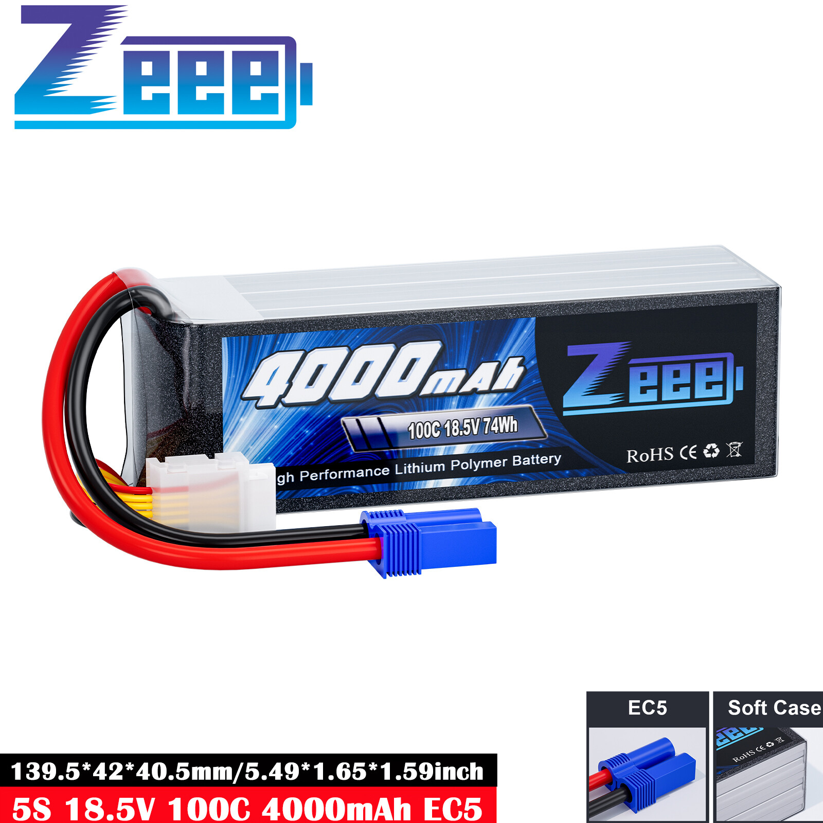 Zeee 18.5V 5S Lipo Battery 4000mAh 100C Soft Pack EC5 for RC Car Quadcopter Boat