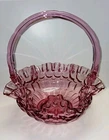 🩷💙 Fenton Cranberry / Rose Glass Thumbprint Basket Ruffled Edge  8.5”
