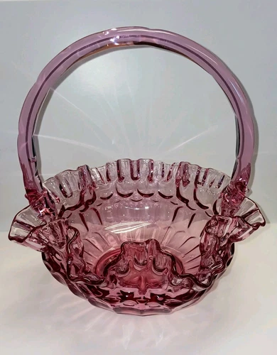 🩷💙 Fenton Cranberry / Rose Glass Thumbprint Basket Ruffled Edge  8.5”