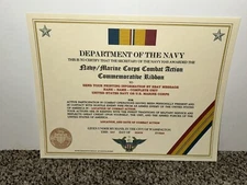 NAVY/USMC COMBAT ACTION COMMEMORATIVE RIBBON CERTIFICATE ~ W/PRINTING T-1