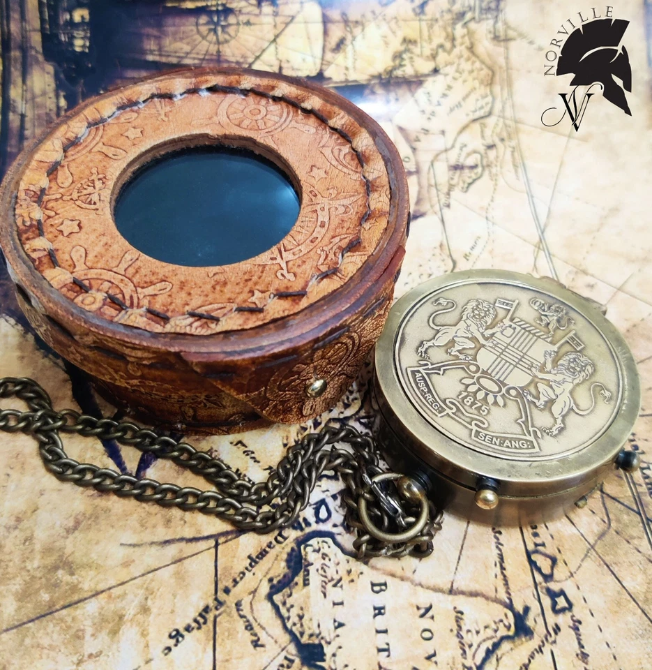 Brújula de latón vintage con estuche de cuero antigua náutica marítima coleccionable Foto 2 de 4