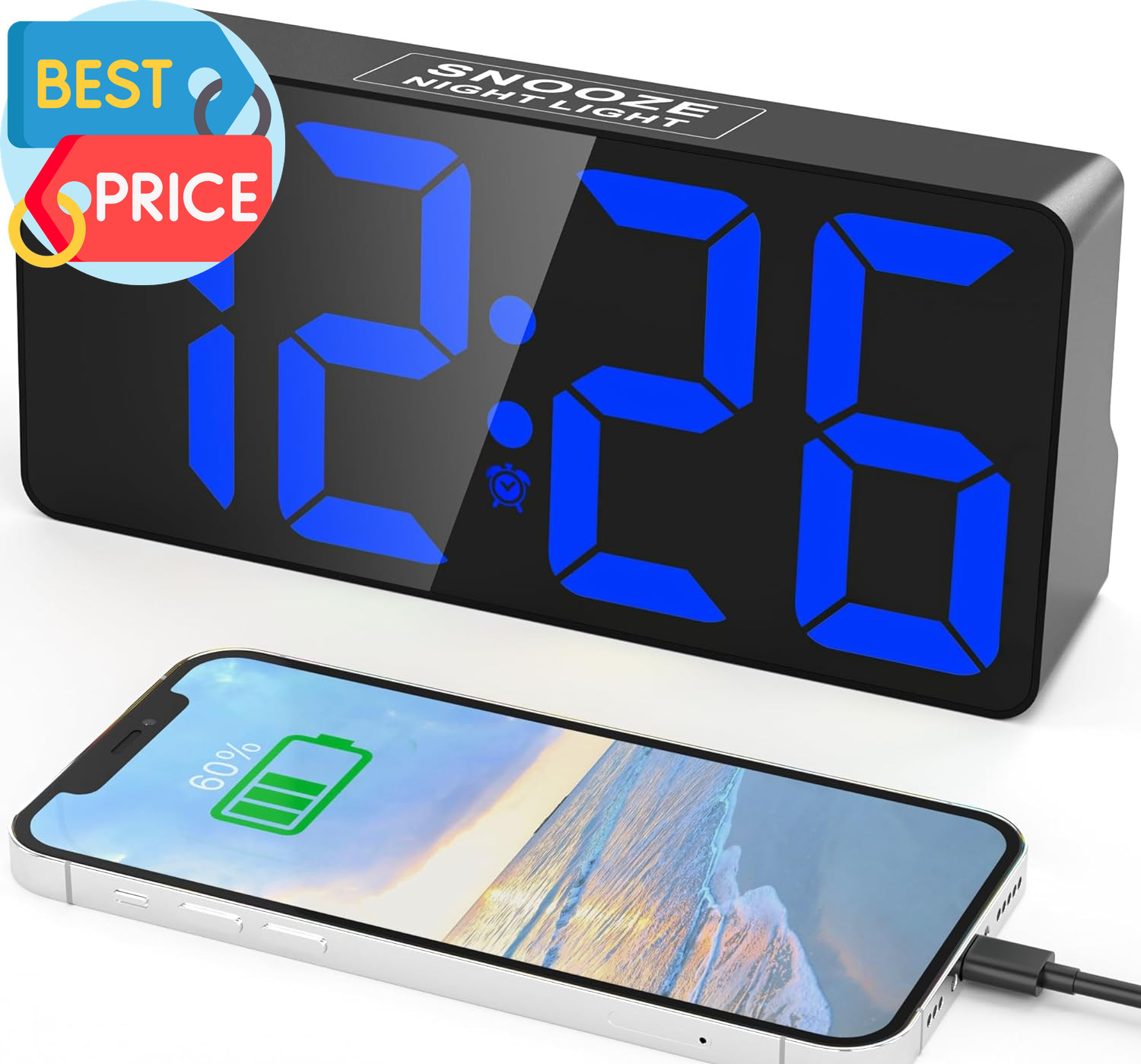 Alarm Clock for Bedroom, 7 in Large Display Digital Clock with Dual Alarms&Usb C