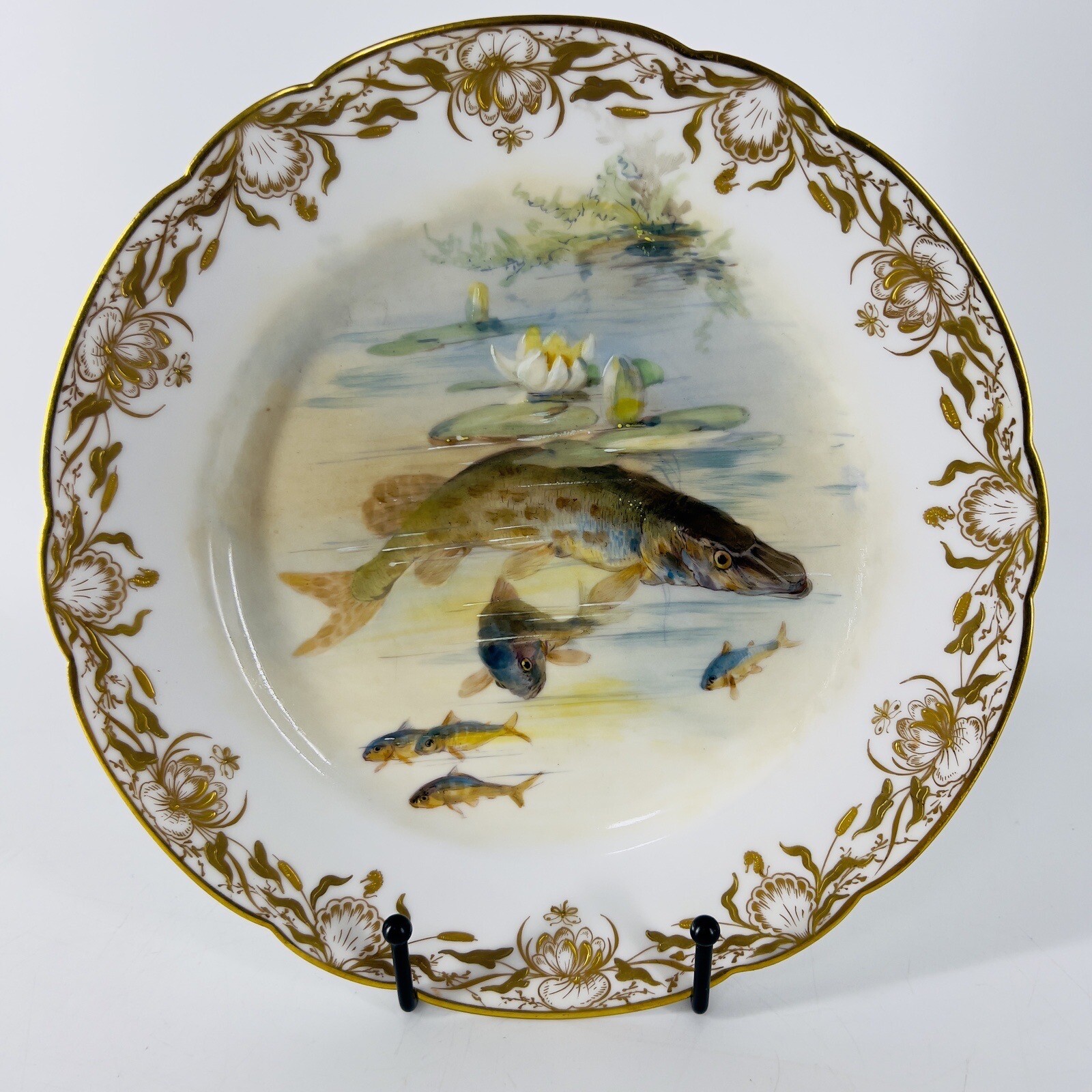 Dresden Ambrosius Lamm Porcelain Hand Painted Fish Dish Plate Gold Gild