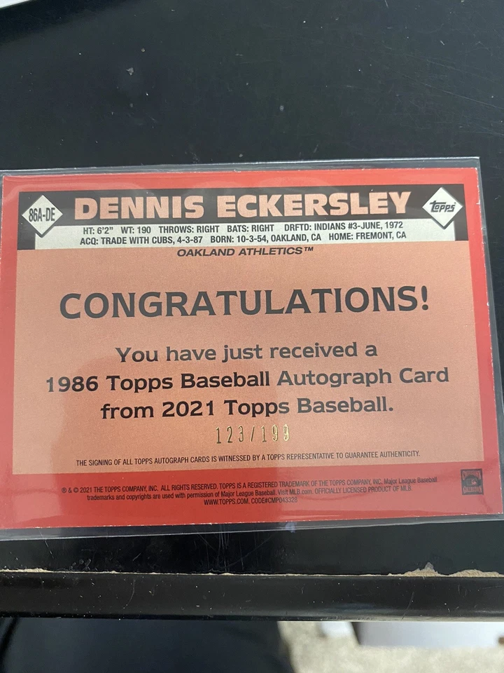 2021 topps series one dennis eckersley auto /199   1986 Design Oakland A’s - Image 2 of 2