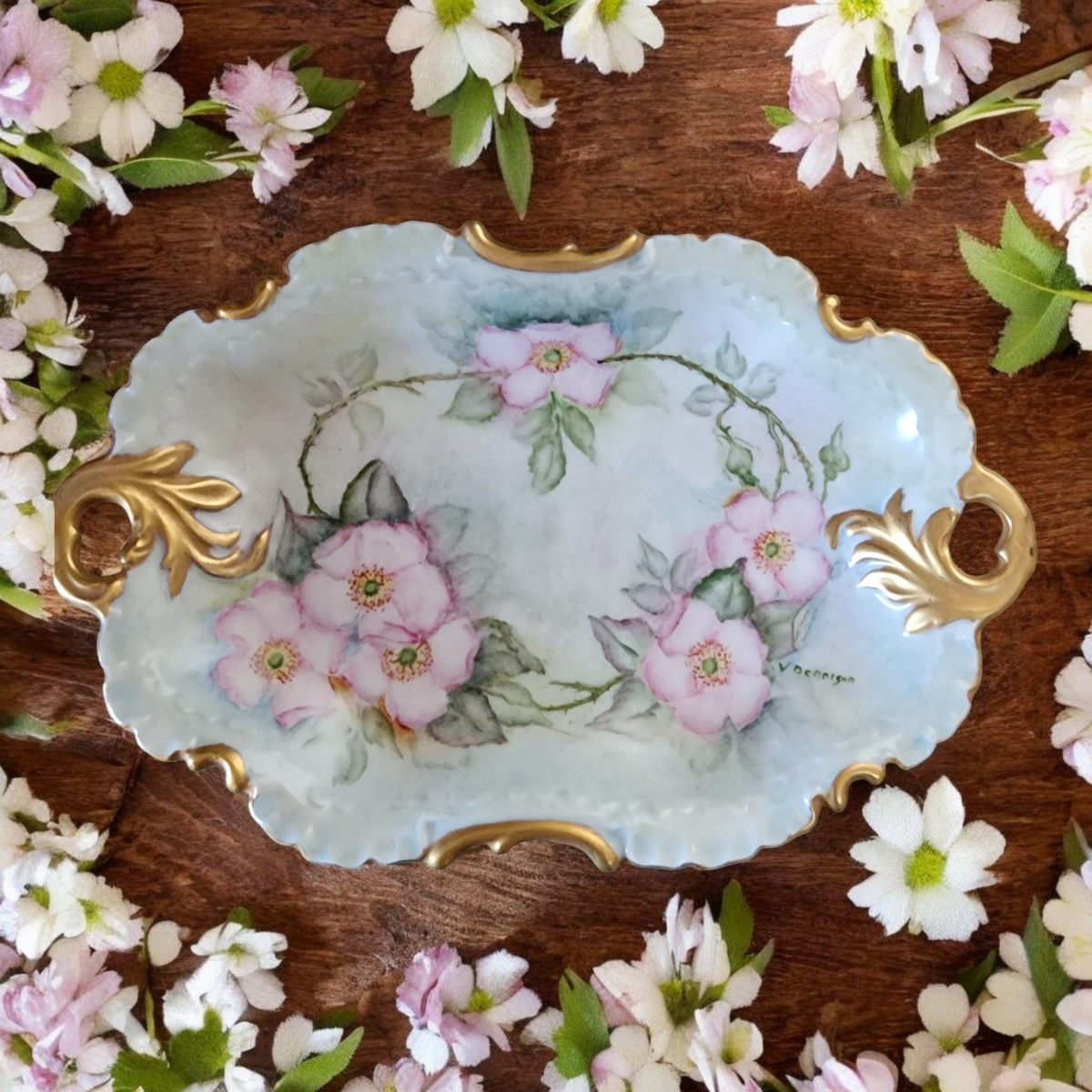 Limoges Porcelain Hand Painted Double-Handle Dresser Vanity Tray