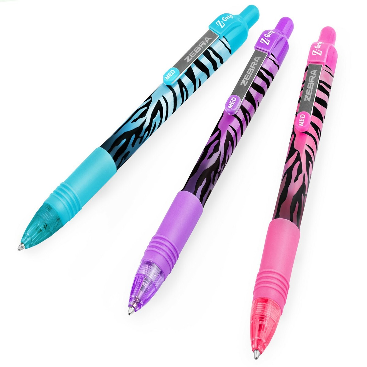 Zebra Z-Grip Smooth Ballpoint Pens - 1.0mm Medium Point, Funky Flame Stripe Barrel, 12-Pack (Blue, Pink, Violet Ink)