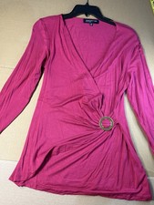 Jones New York Hot Pink Y2K Wrap Top Gold O-Ring Ruched V-Neck Blouse