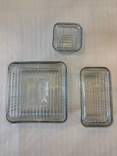 Vtg Anchor Hocking 1932 Set Of 3 Glass Refrigerator Dishes W/ Lids