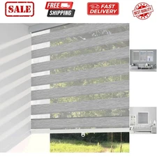 Cordless Zebra Blinds for Windows, 34" W x 72" H, Grey, Dual Layer Free-Stop ...