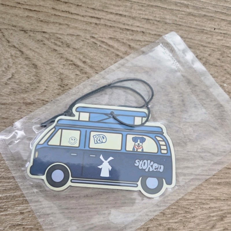 Blue Plastic Cartoon Camper Van Travel Luggage Tag w/ Strap Loop "stoker"