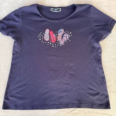 Karen Scott Flip Flops T Shirt Womens 0X Navy Patriotic Stars Casual Top