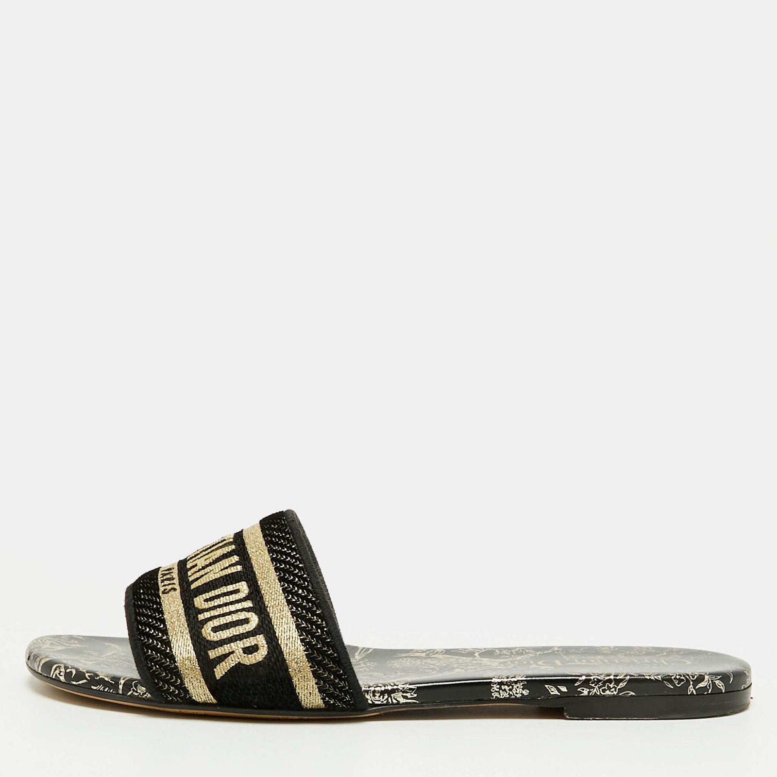 Dior Dway Size 38 GoldBlack Canvas Flat Slides