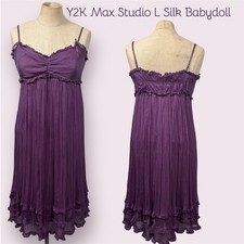 Y2K Fairy Goth Max Studio Women L Silk Babydoll Dress Purple Ruffle Romantic VTG