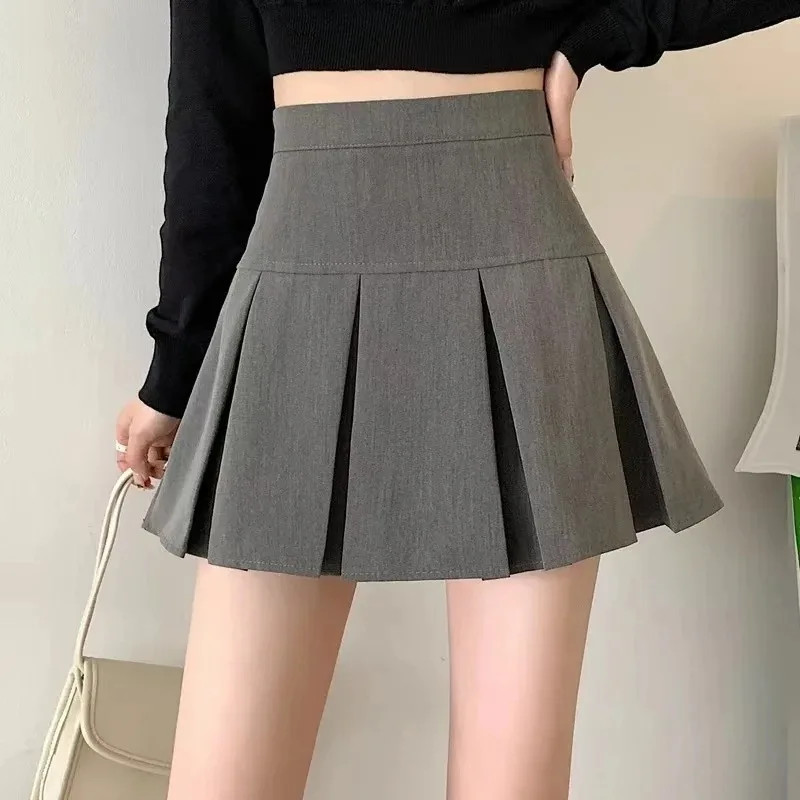 Vintage Gray Pleated Skirt Women Kawaii High Waist Mini Skirts Korean Fashion Sc