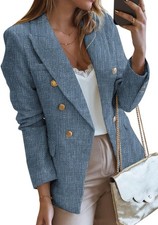 Womens Tweed Blazer Double Breasted Long Sleeve Open Front Casual Work Jacket