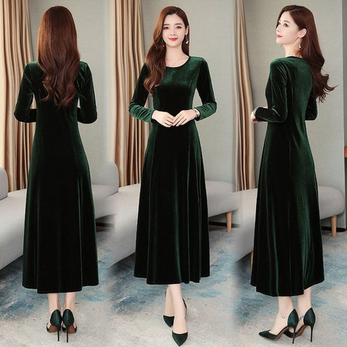 Women Formal Faux Velvet Swing Winter Long Sleeve A Line Ball Gown Party Dress - Picture 7 of 13
