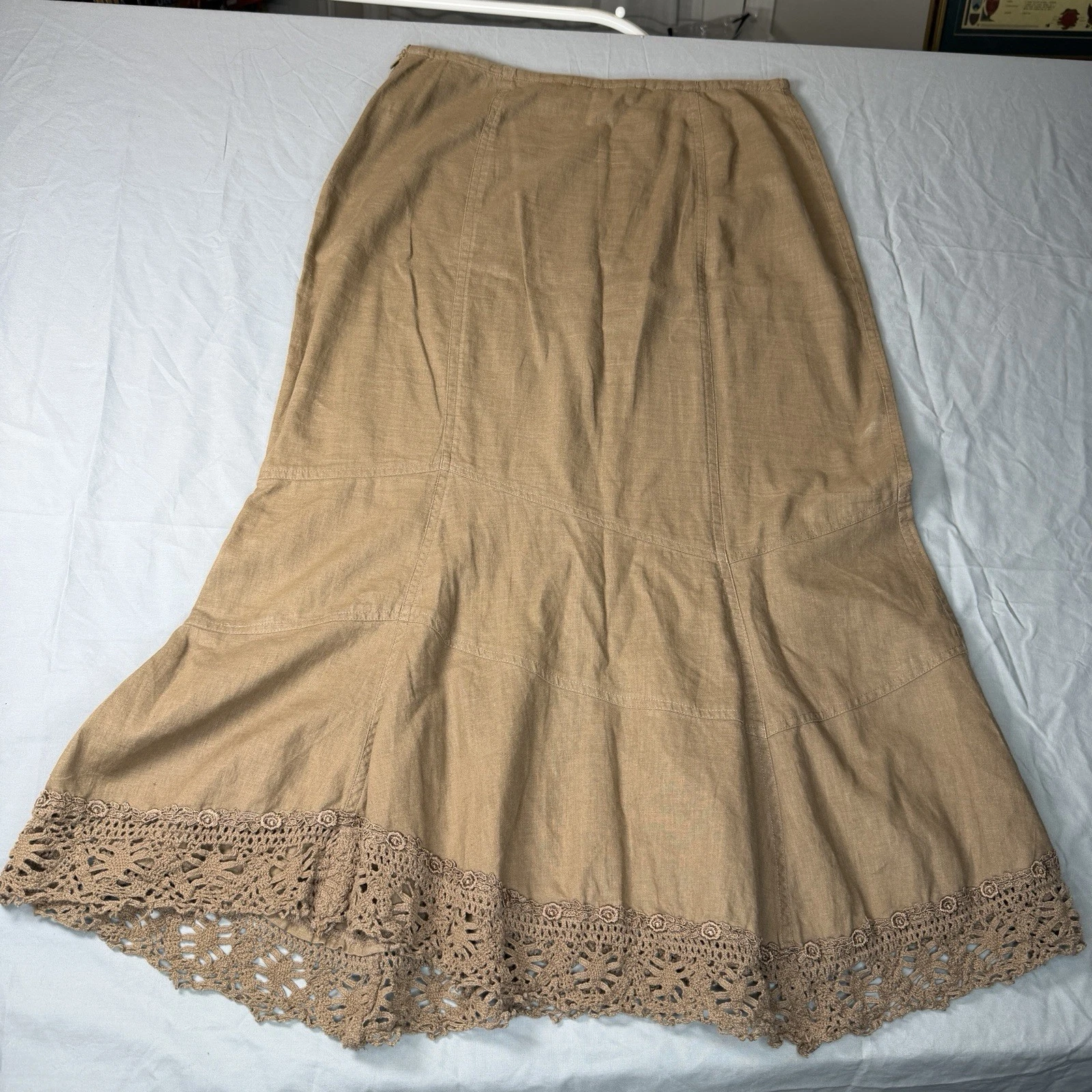 Newport New Linen Skirt Women 10 Fit Flare Maxi Tan Beige Khaki Lined Lagenlook