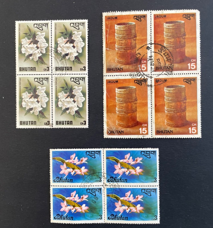 3 Bhutan Blocks Of 4 From 1970s: 205, 223, 296, Flowers And Pots