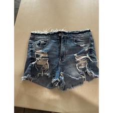 American Eagle Super Stretch Distressed Denim Shorts Medium Wash Raw Hem Sz 4