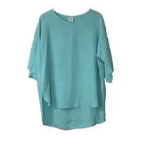 Match Point USA Linen Lagenlook Oversized Tunic Top Aqua Hi-Low Hem Size S Beach