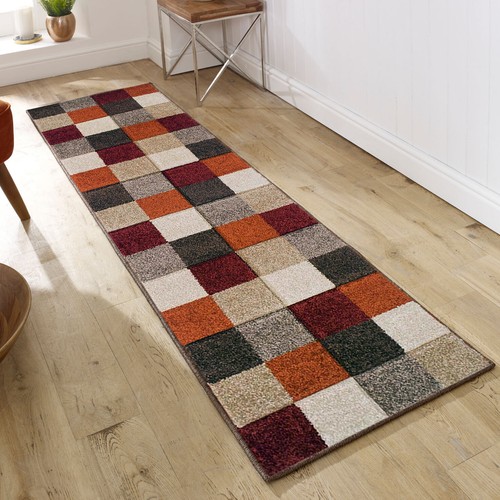 Orange Brown Rug Geometric Check Design Living room Bedroom Large Small Runner - Picture 2 of 19